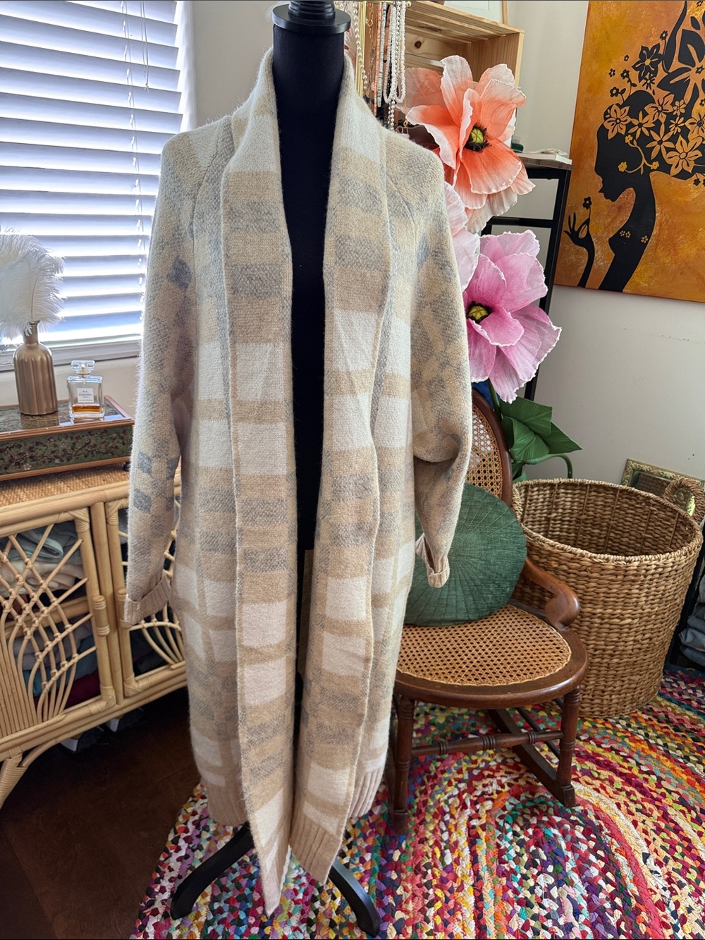 A New Day Beige Boho Hippie Maxi Cardigan Duster Sweater
